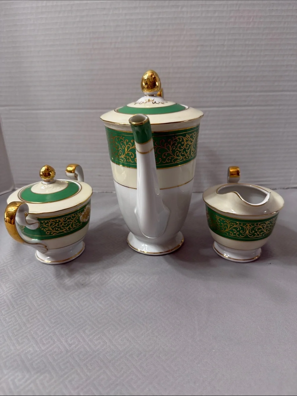 Vintage Albion China Porcelain Coffee/Tea 3 Pc Service Emerald Green Gold Japan